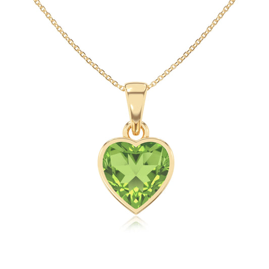 natural peridot heart solitaire necklaces in yellow gold 