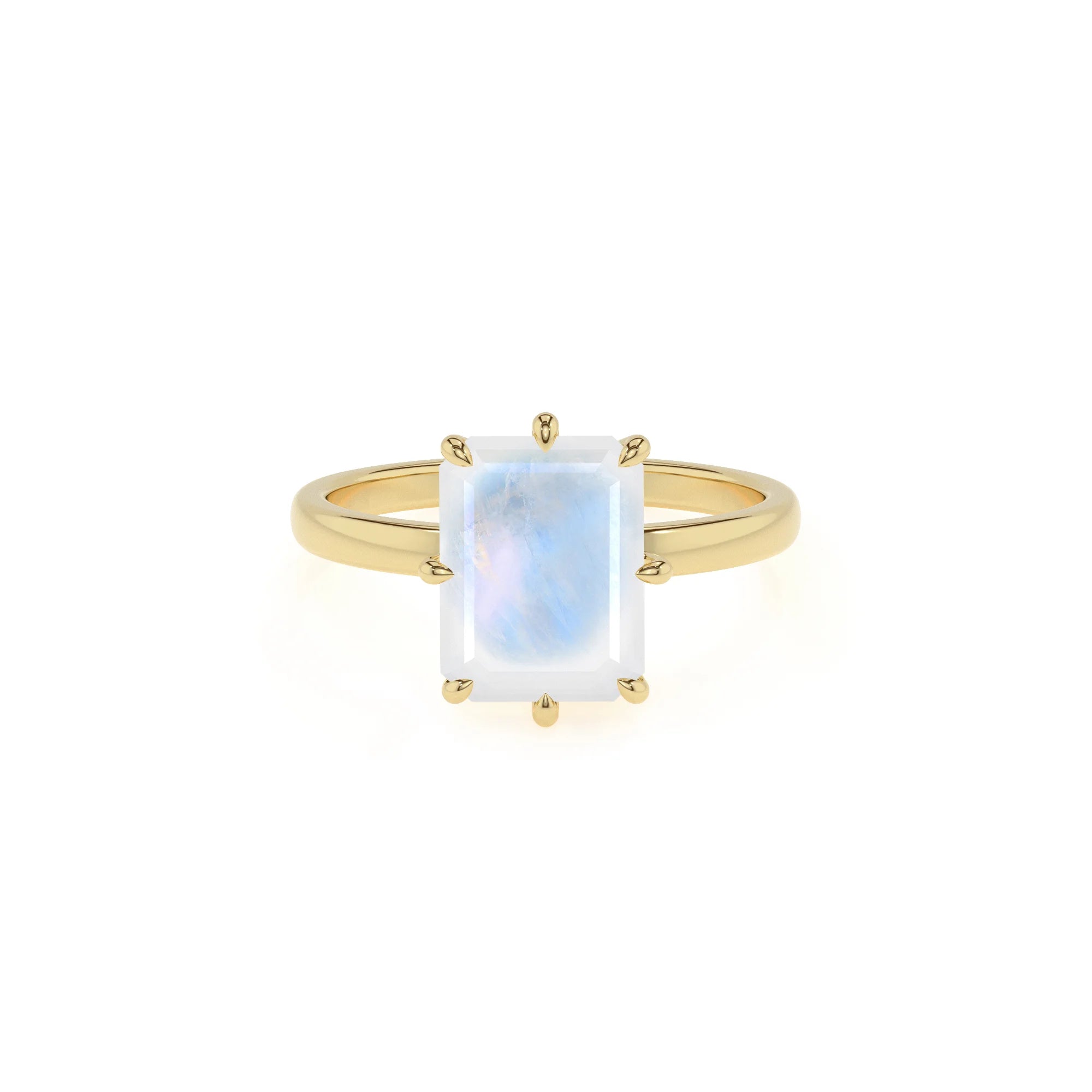 natural rainbow-moonstone emerald cut solitaire rings in yellow gold 