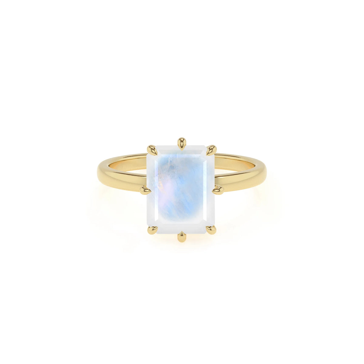 natural rainbow-moonstone emerald cut solitaire rings in yellow gold 