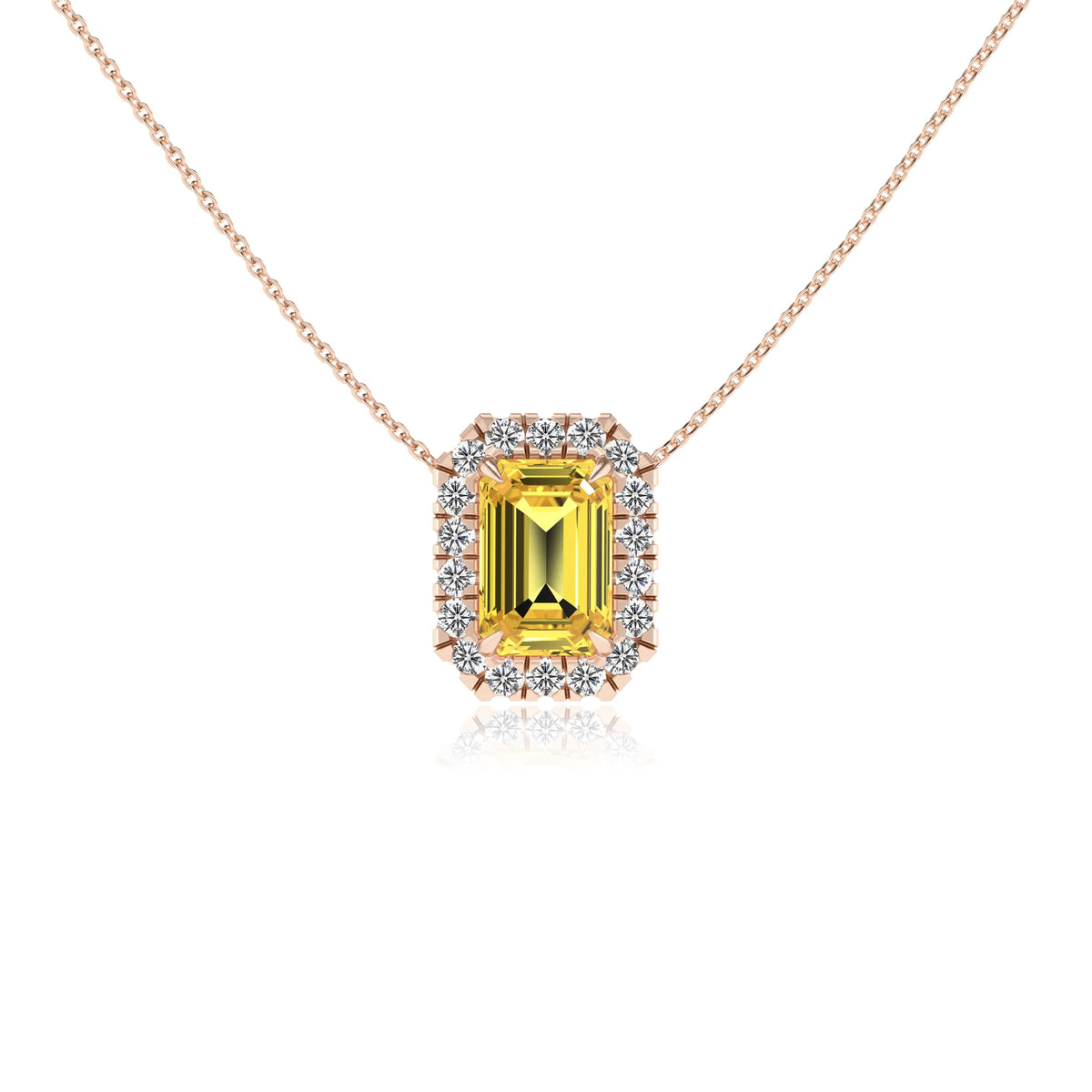 lab grown yellow sapphire emerald cut solitaire necklaces in rose gold 