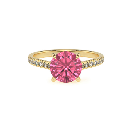 lab grown pink-tourmaline round half eternity solitaire engagement rings in yellow gold 