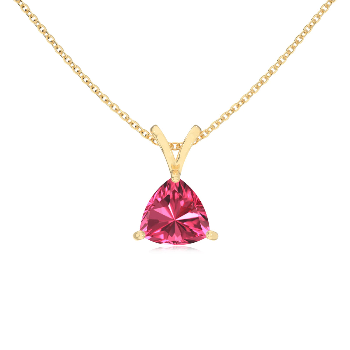 lab grown pink-tourmaline trillion solitaire v-bale necklaces in yellow gold 