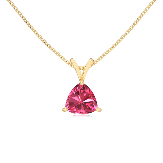 lab grown pink-tourmaline trillion solitaire v-bale necklaces in yellow gold 
