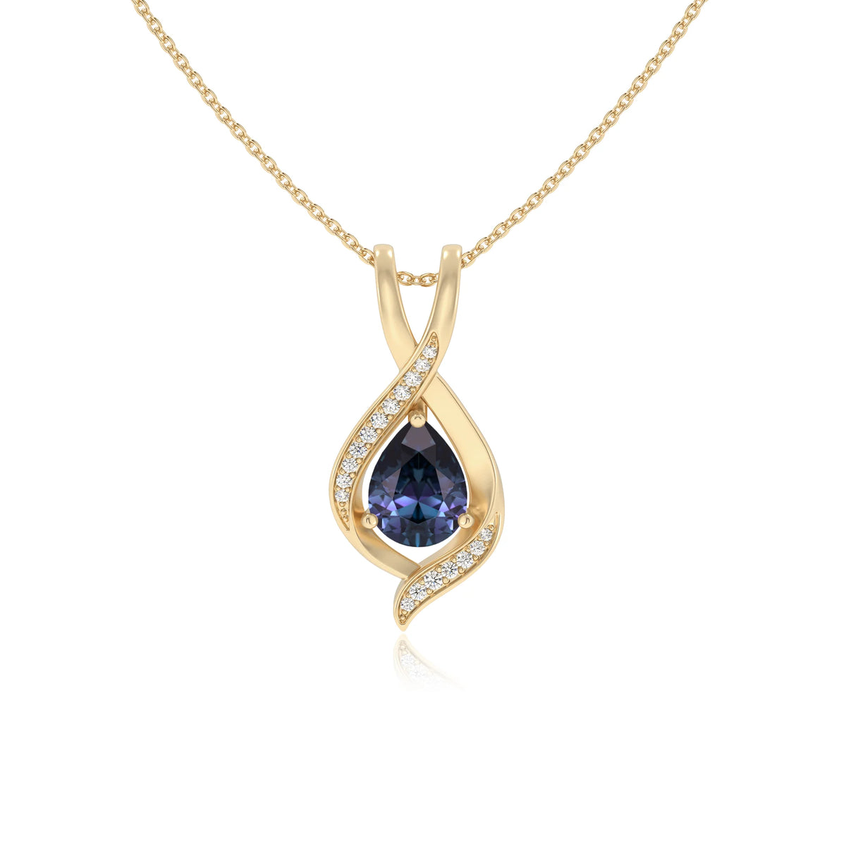 lab grown alexandrite pear solitaire necklaces in yellow gold 