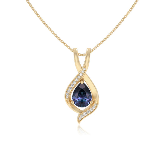 lab grown alexandrite pear solitaire necklaces in yellow gold 