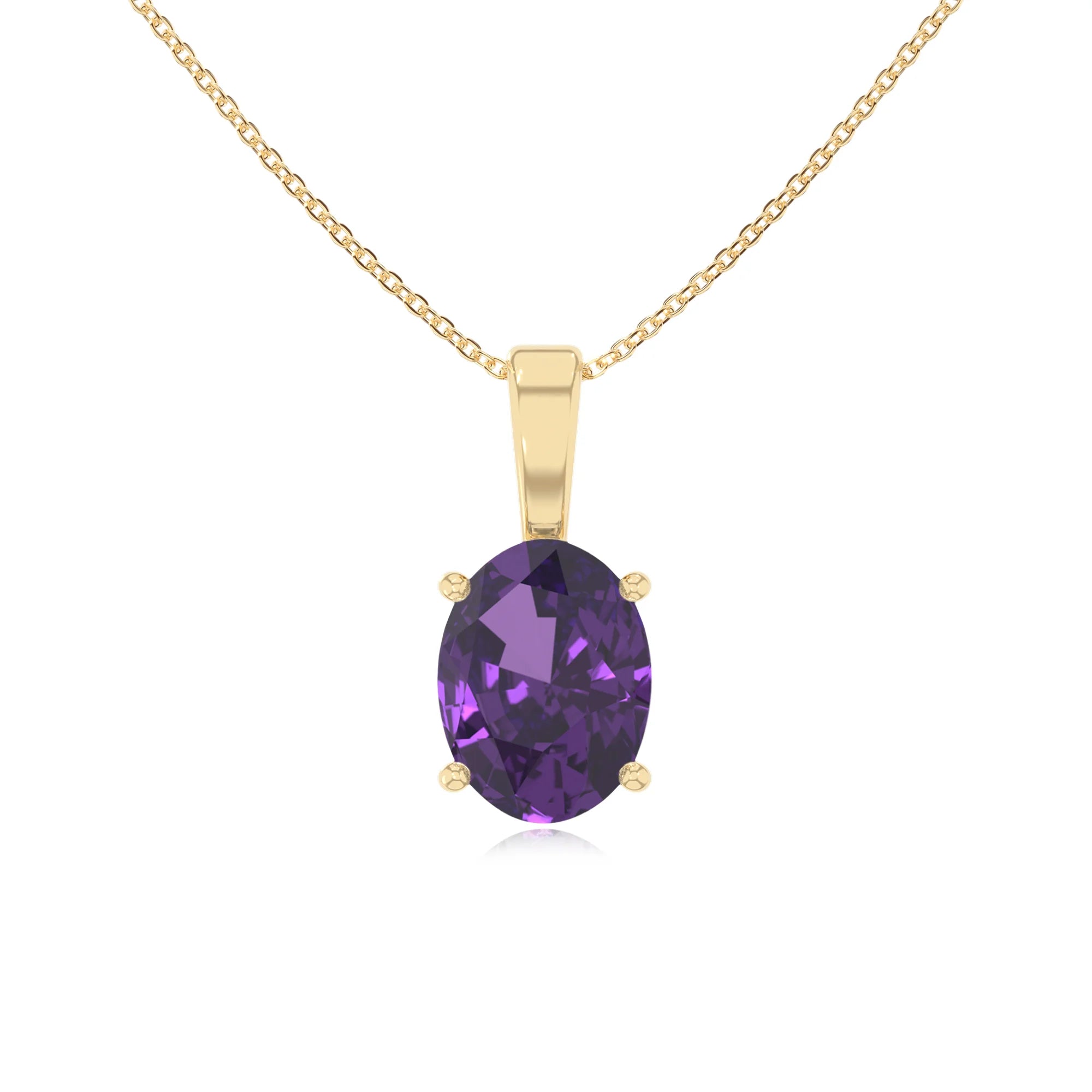 lab grown amethyst oval solitaire necklaces in yellow gold 