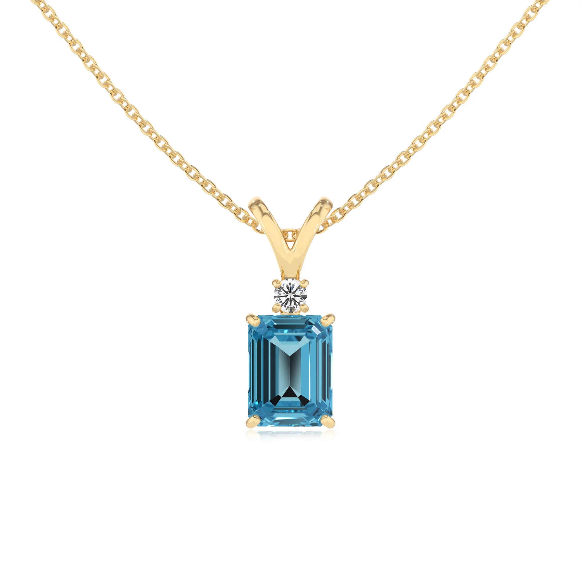 natural swiss-blue-topaz emerald cut solitaire v-bale necklaces in yellow gold 