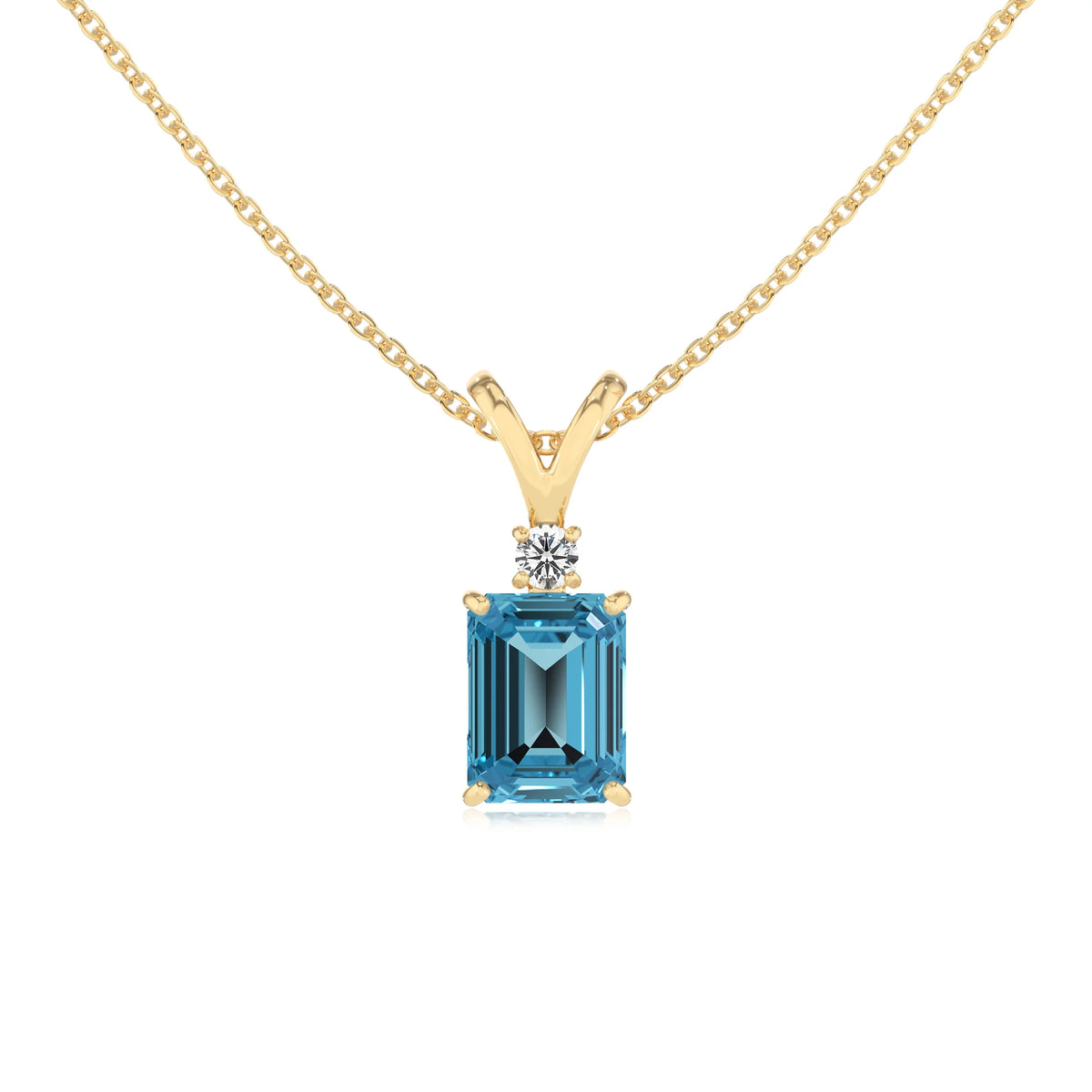natural swiss-blue-topaz emerald cut solitaire v-bale necklaces in yellow gold 