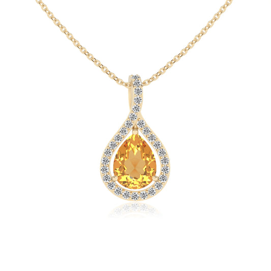 lab grown citrine pear solitaire necklaces in yellow gold 