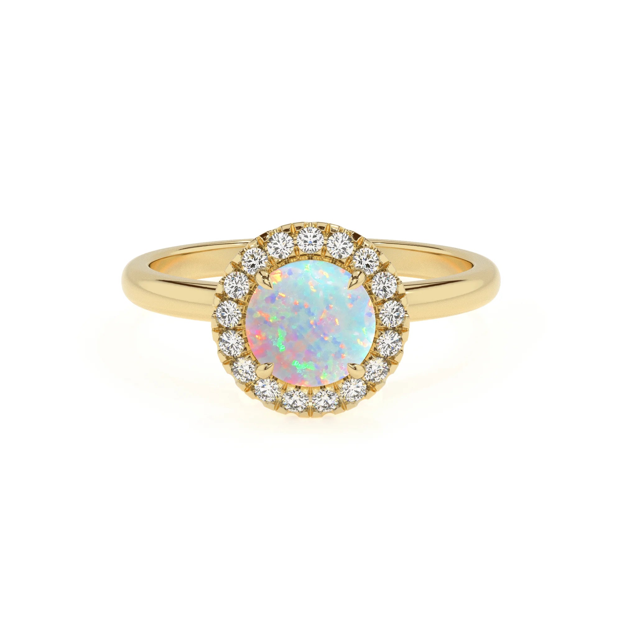 lab grown opal round solitaire rings in yellow gold 