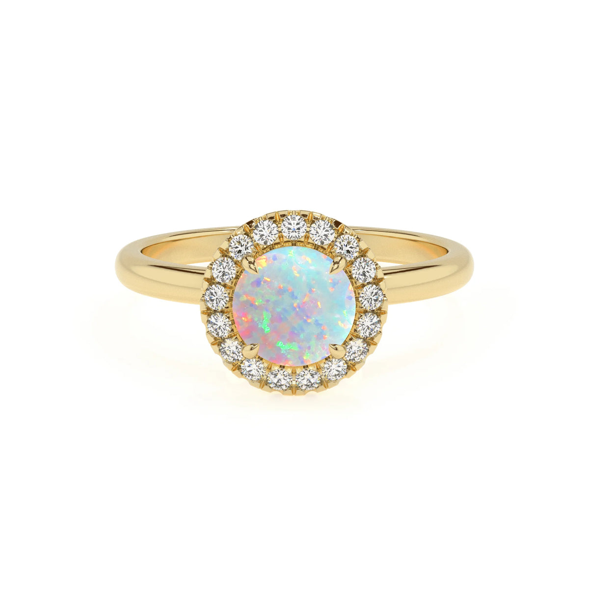 lab grown opal round solitaire rings in yellow gold 