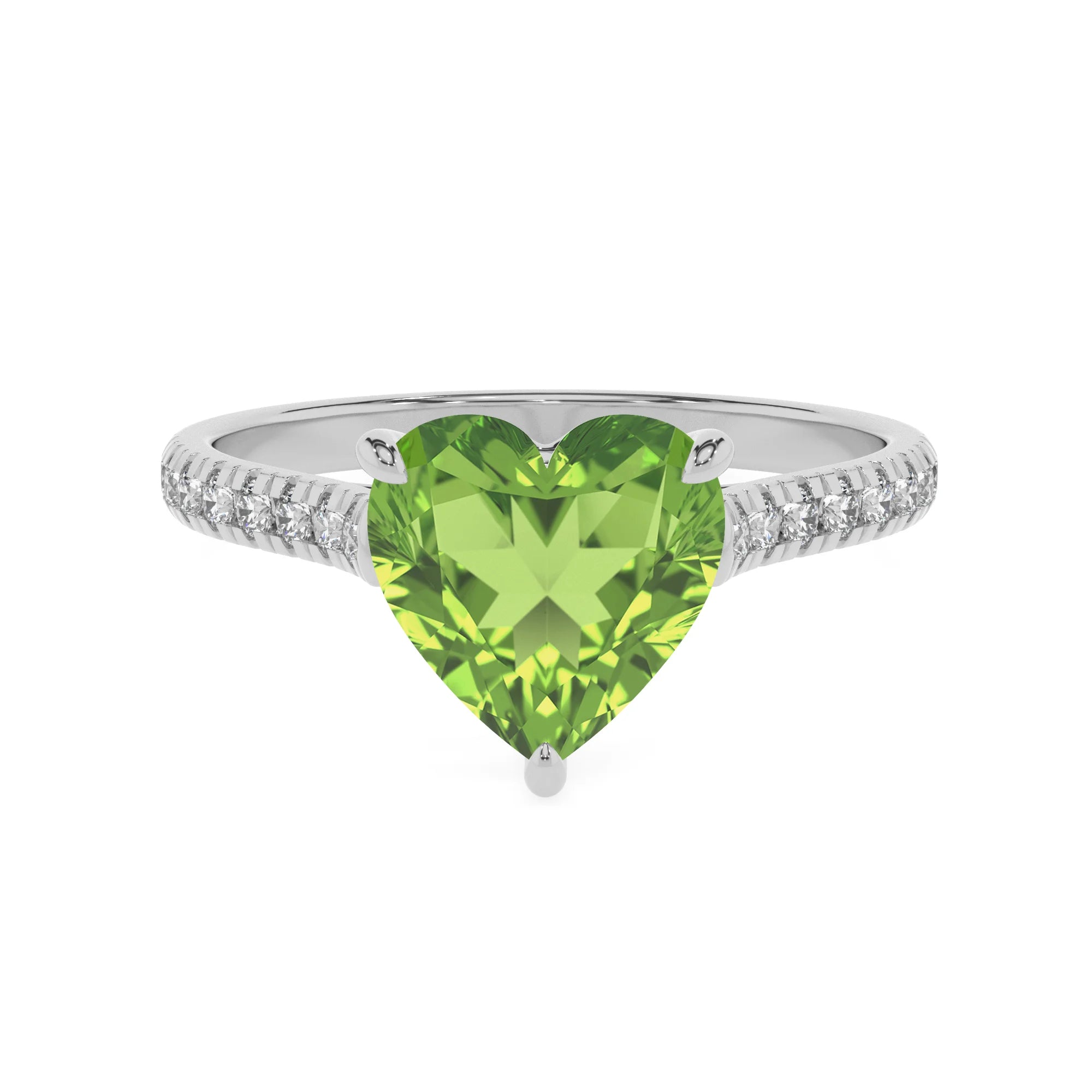 natural peridot heart half eternity solitaire engagement rings in platinum 