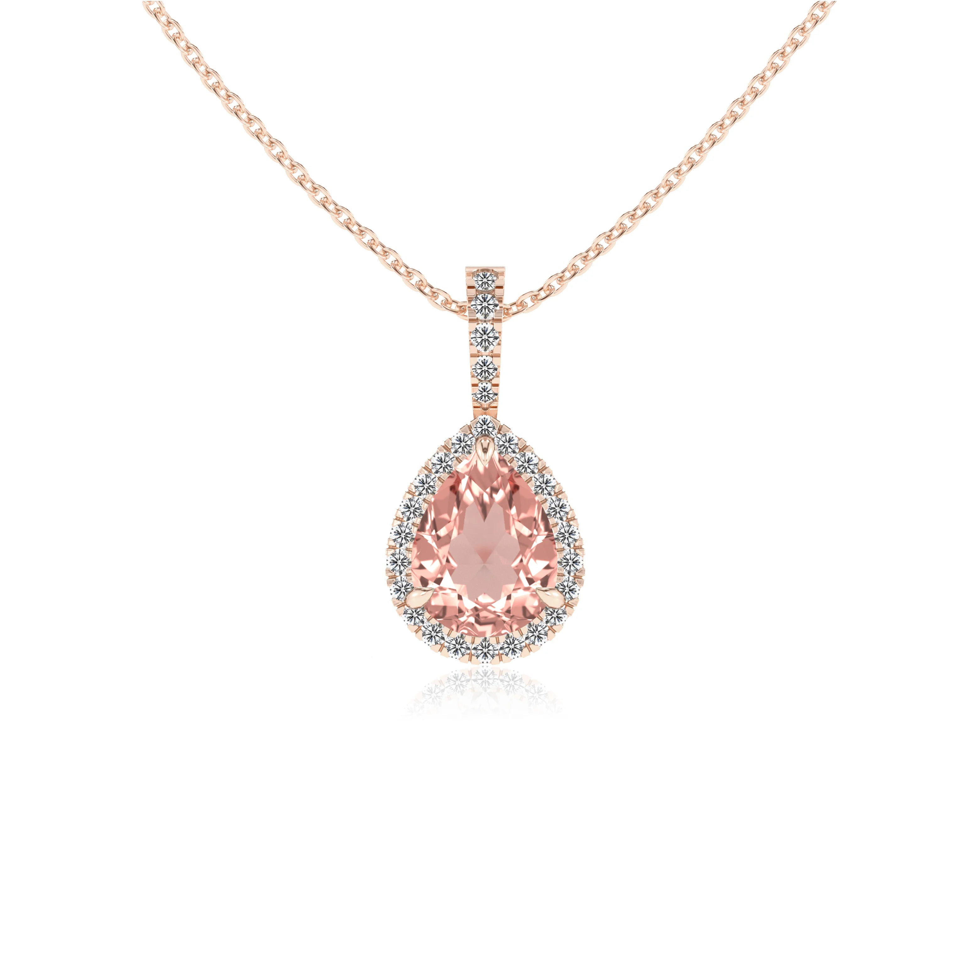 lab grown morganite pear solitaire necklaces in rose gold 