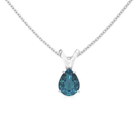 Natural London Blue Topaz Pear Solitaire V-Bale Pendant Necklace with 18" Chain