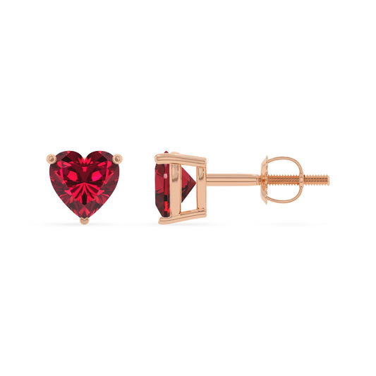 lab grown ruby heart stud earrings in rose gold 