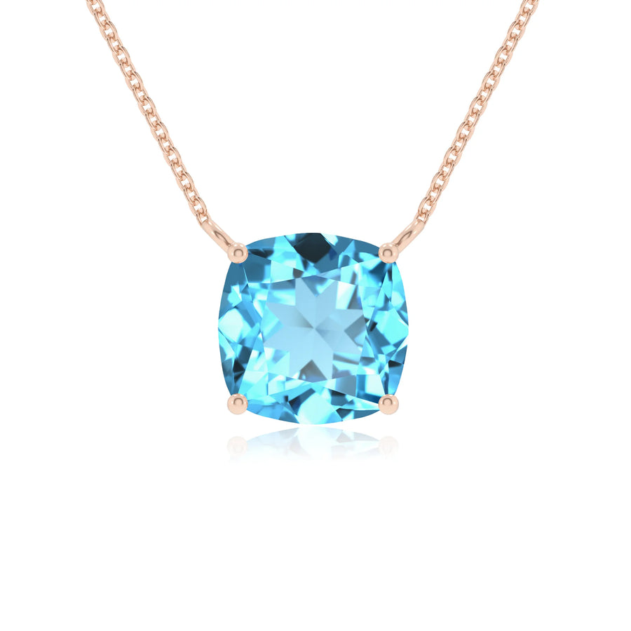 natural swiss-blue-topaz cushion solitaire necklaces in rose gold 