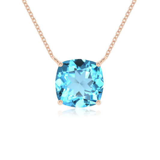 natural swiss-blue-topaz cushion solitaire necklaces in rose gold 