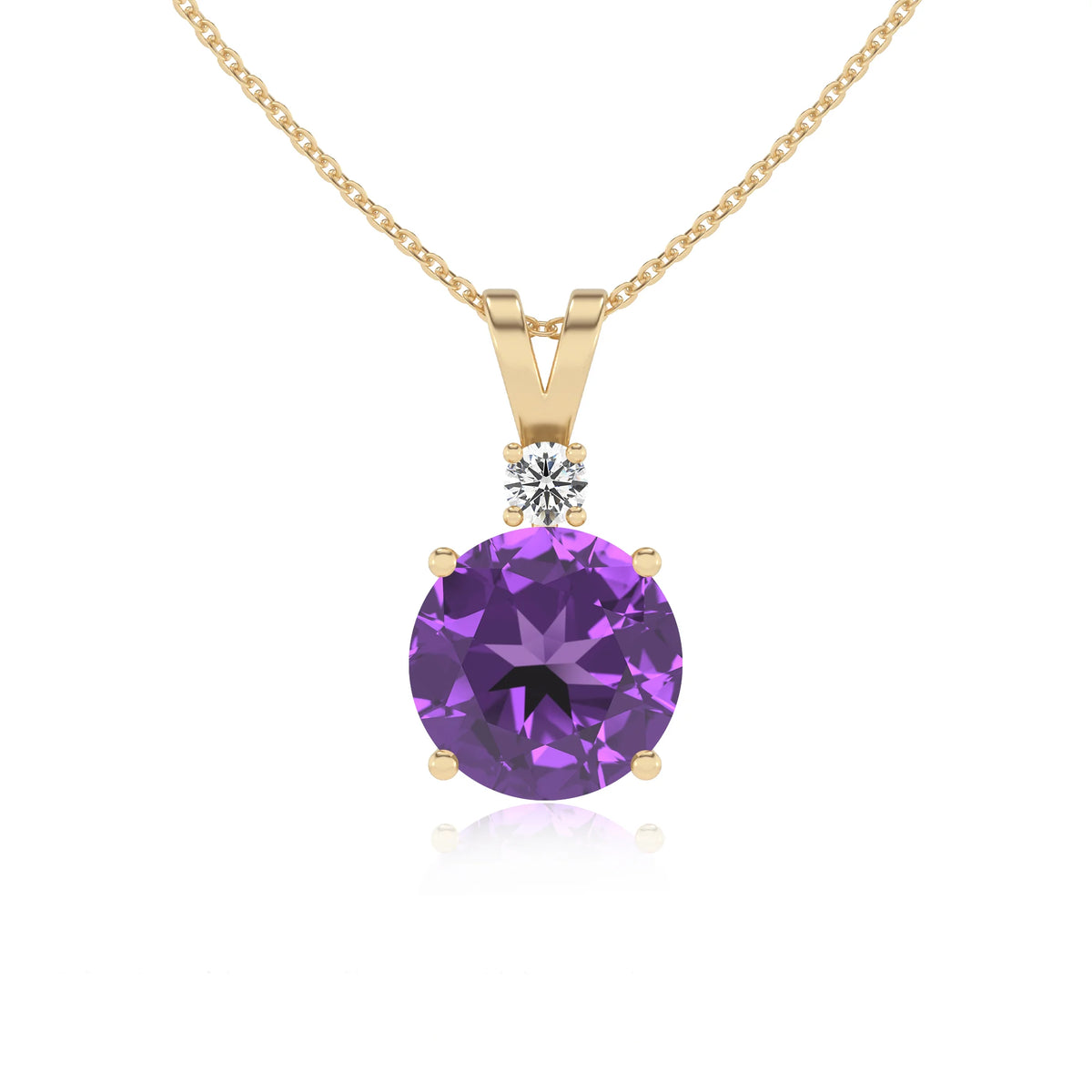 lab grown amethyst round solitaire v-bale necklaces in yellow gold 