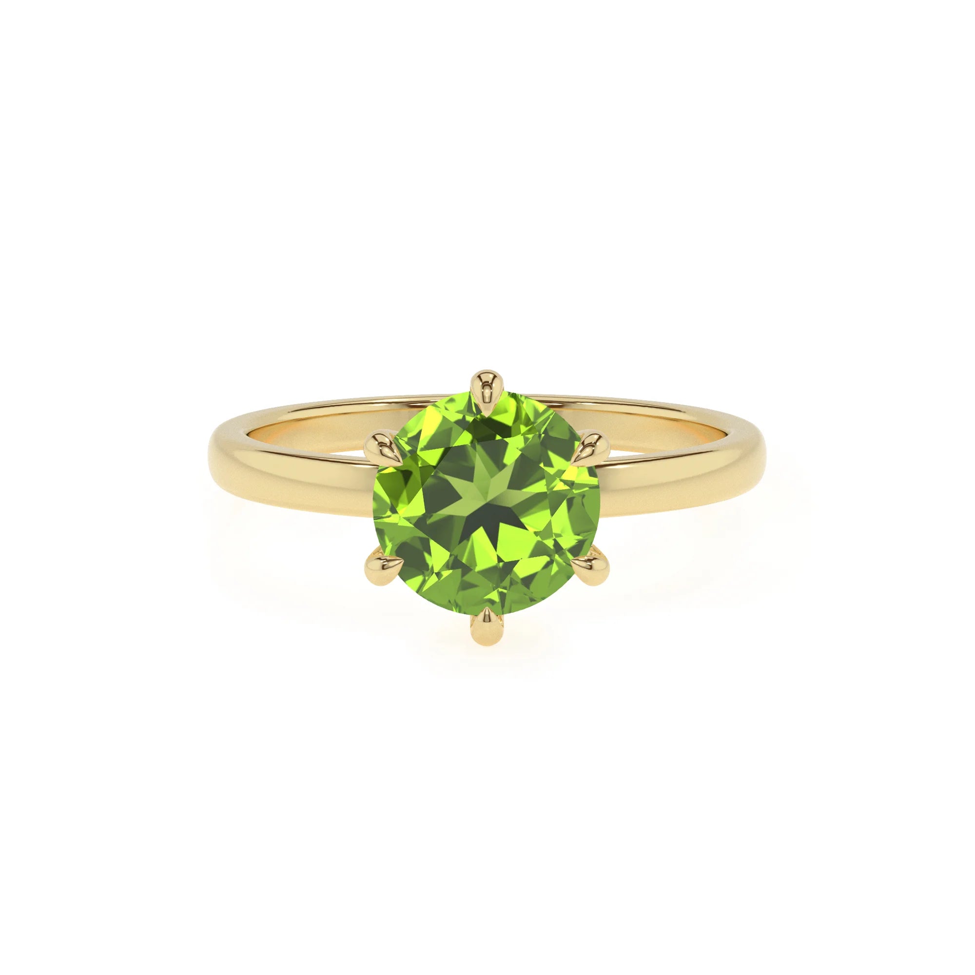 natural peridot round solitaire rings in yellow gold 