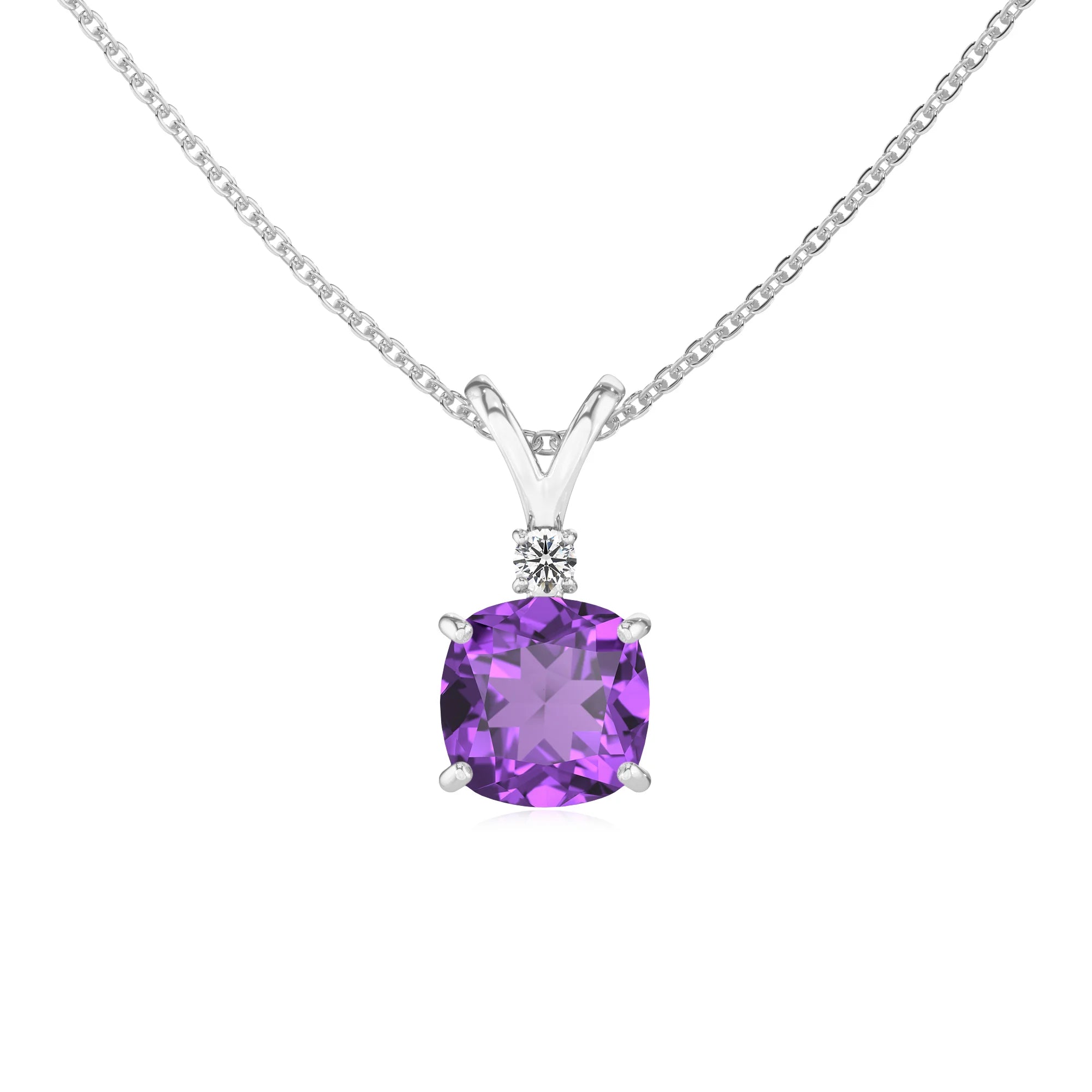 lab grown amethyst cushion solitaire v-bale necklaces in white gold 