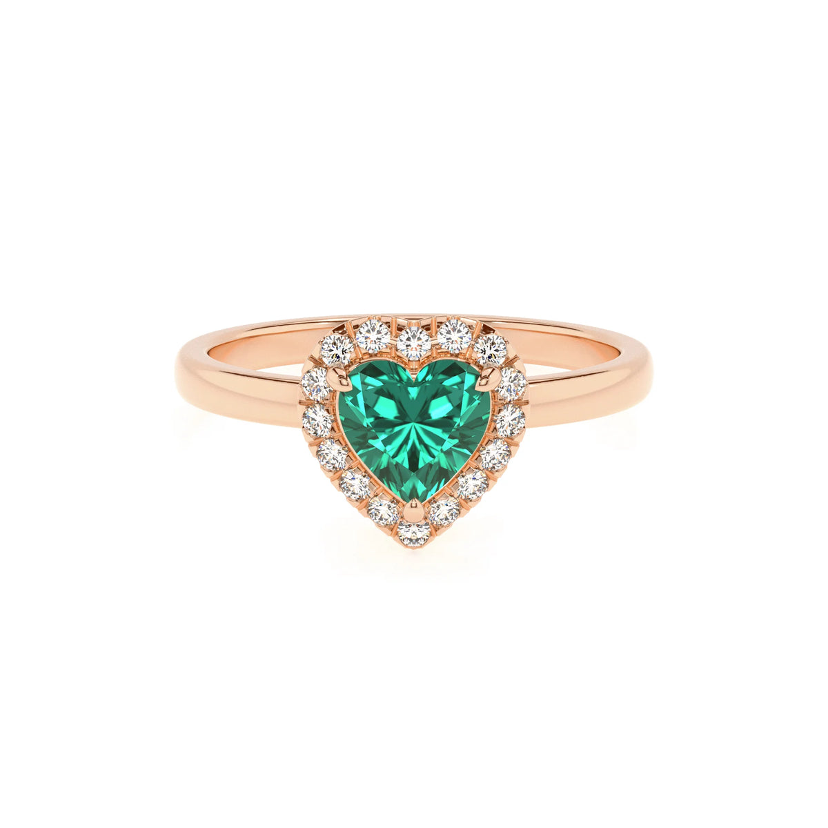 lab grown emerald heart solitaire rings in rose gold 