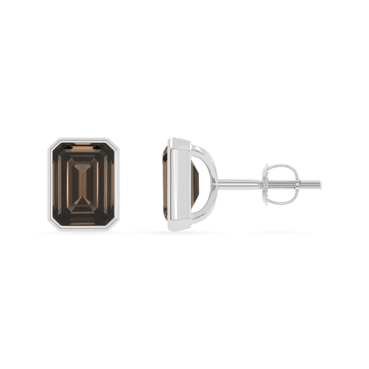 Natural Smoky Quartz Emerald-Cut Solitaire Stud Earrings
