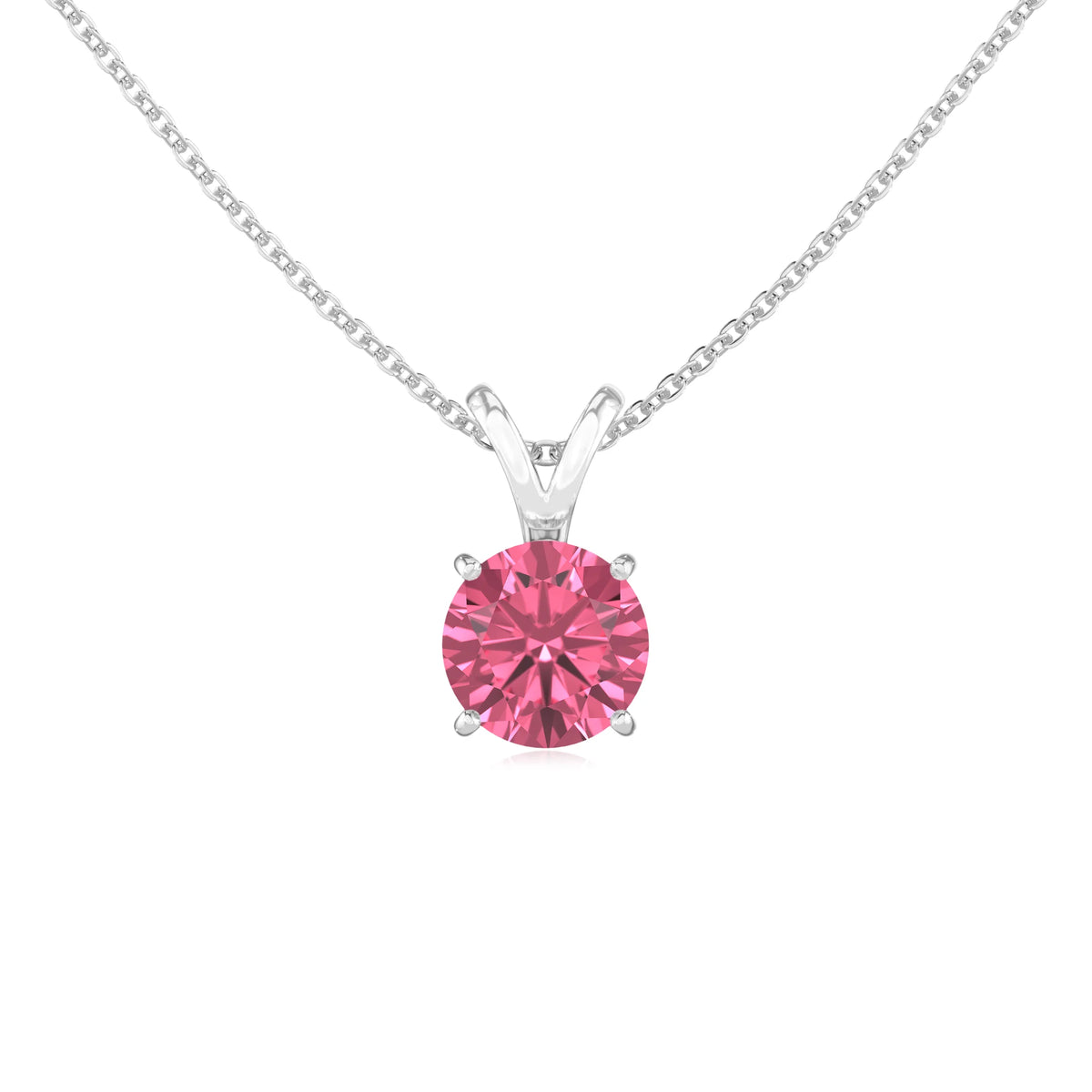 lab grown pink-tourmaline round solitaire v-bale necklaces in sterling silver 