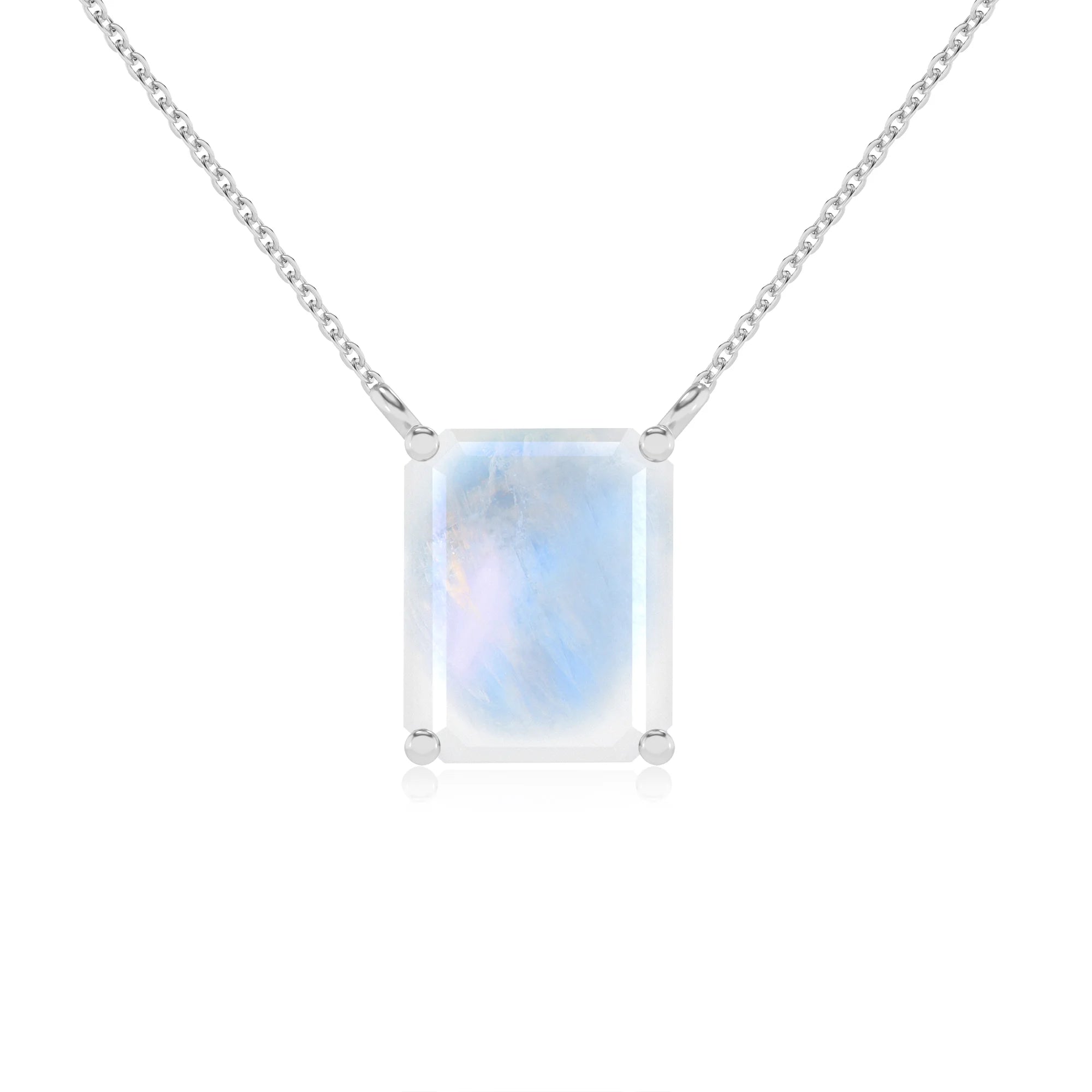 natural rainbow-moonstone emerald cut solitaire necklaces in platinum 