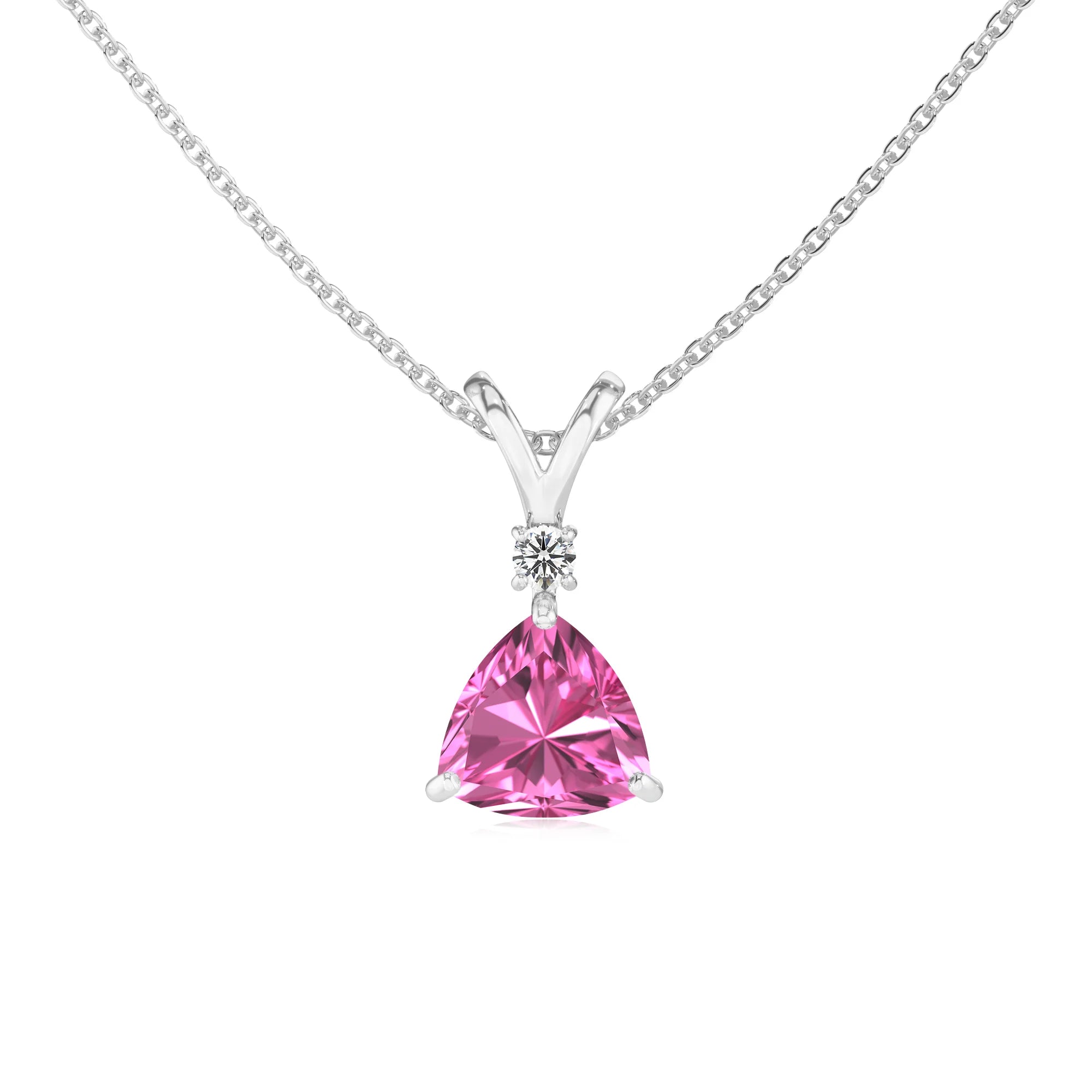 lab grown pink-sapphire trillion solitaire v-bale necklaces in sterling silver 