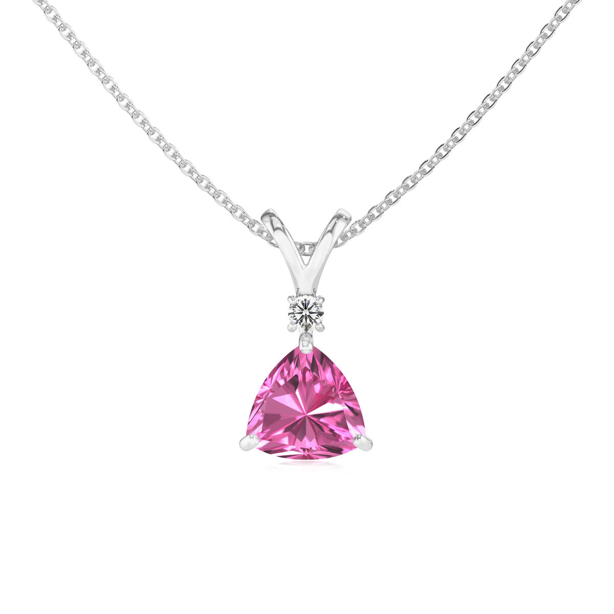 lab grown pink-sapphire trillion solitaire v-bale necklaces in sterling silver 