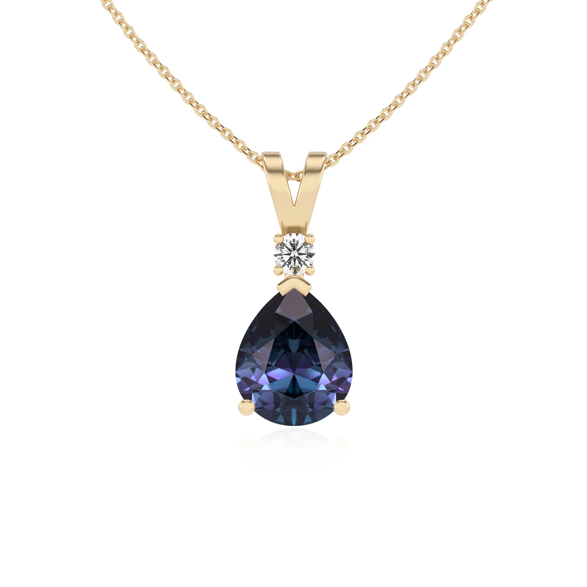 lab grown alexandrite pear solitaire v-bale necklaces in yellow gold 