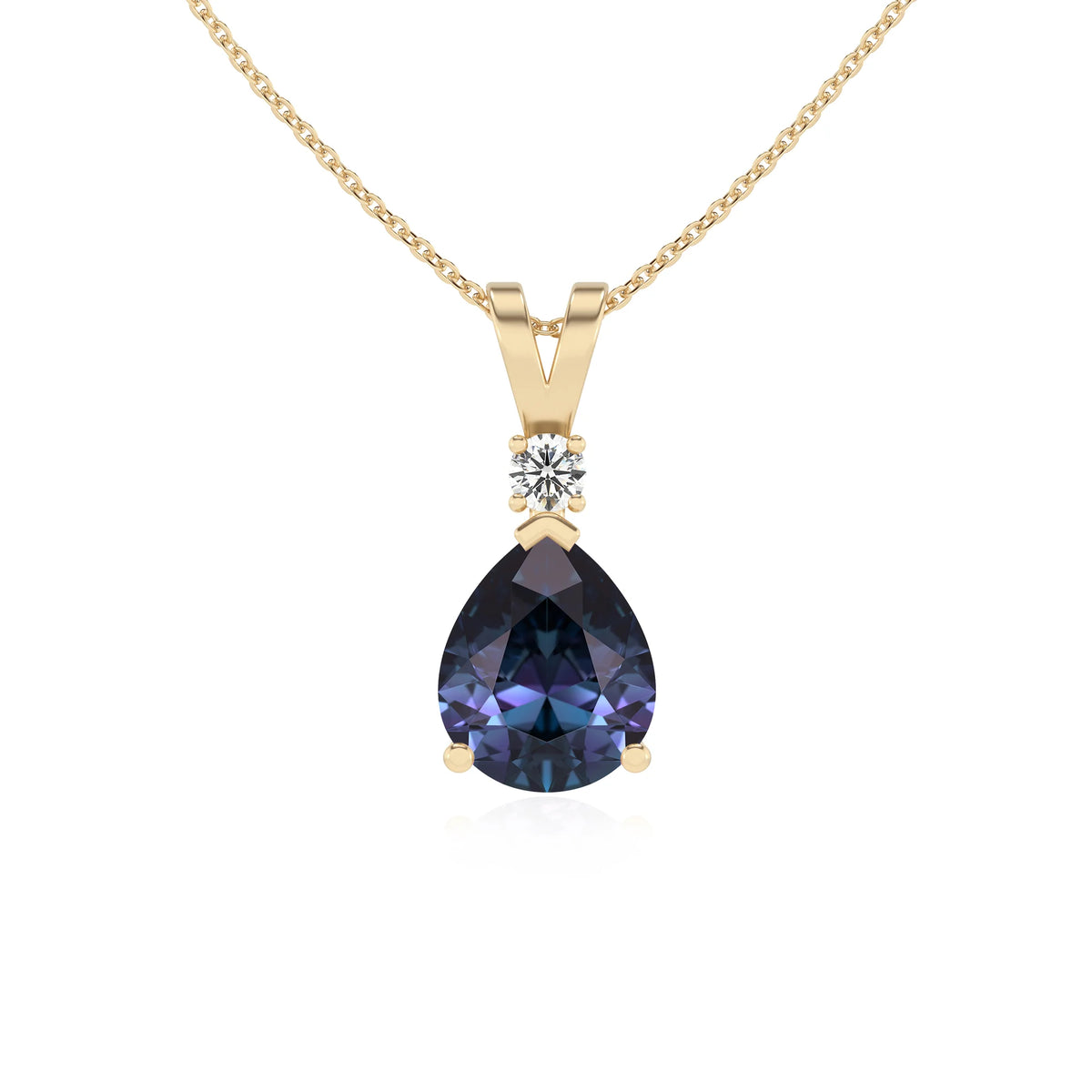 lab grown alexandrite pear solitaire v-bale necklaces in yellow gold 