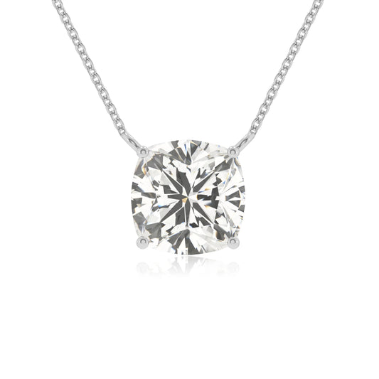 lab grown moissanite cushion solitaire necklaces in white gold 