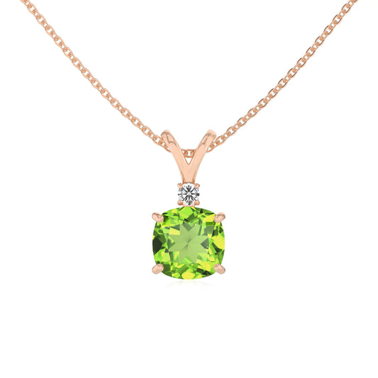 natural peridot cushion solitaire v-bale necklaces in rose gold 