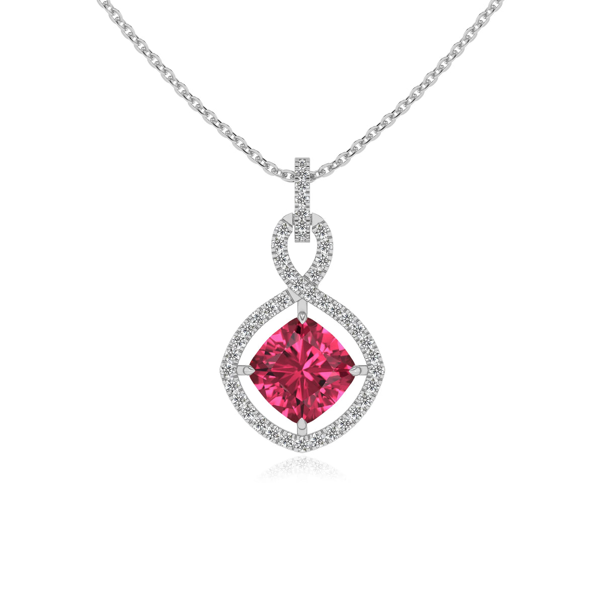lab grown pink-tourmaline cushion infinity necklaces in sterling silver 