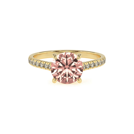 lab grown morganite round half eternity solitaire engagement rings in yellow gold 