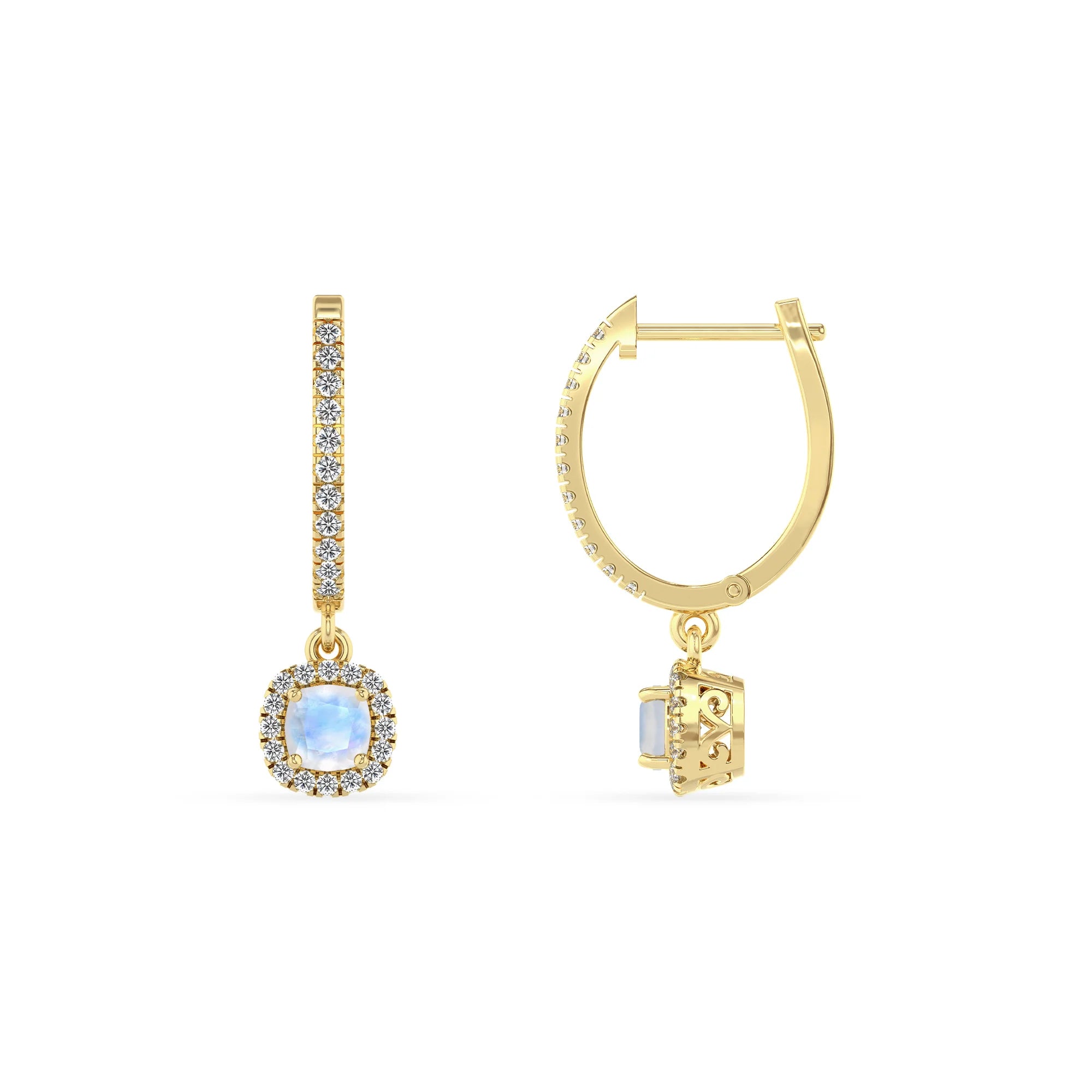 natural rainbow moonstone cushion drop earrings in yellow gold 