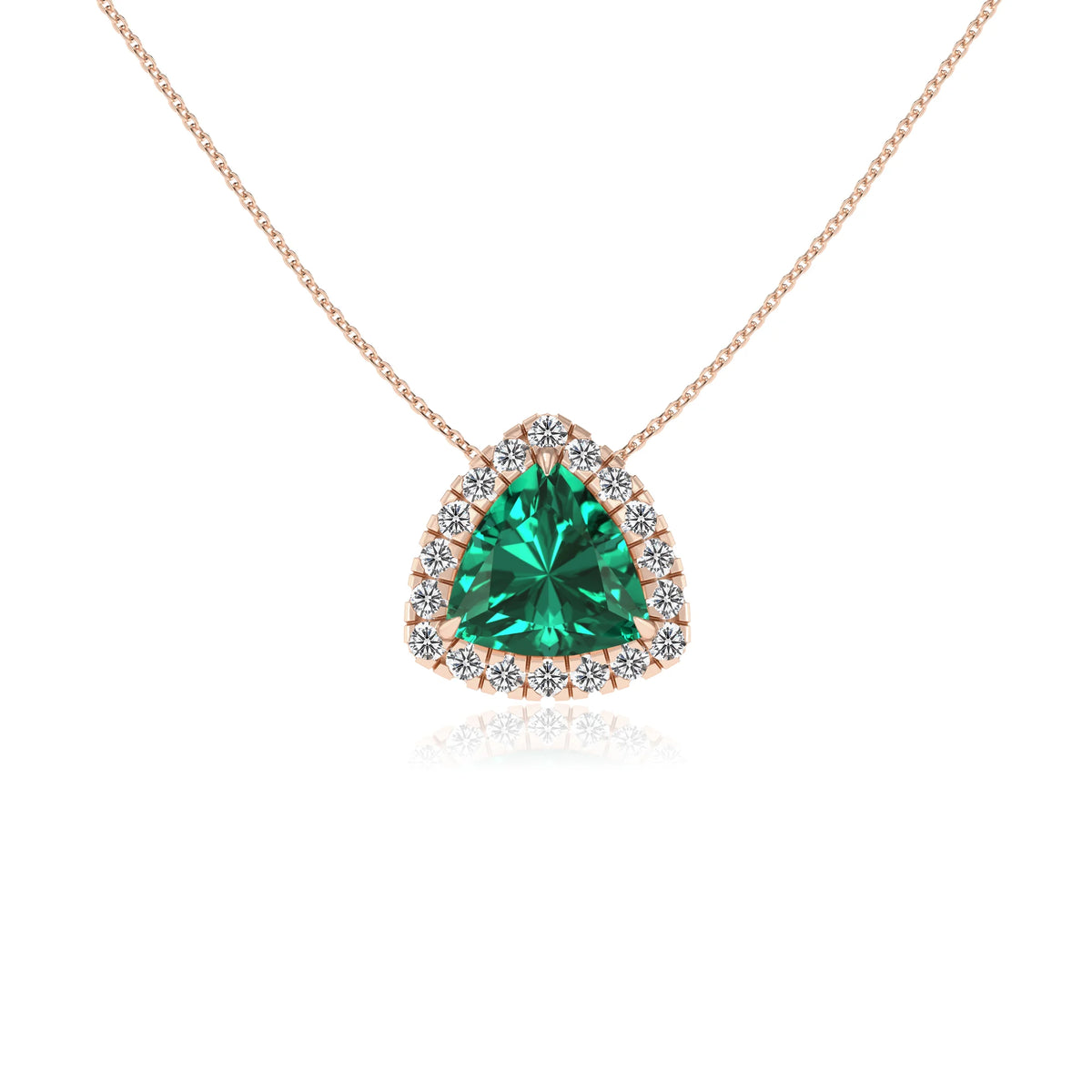lab grown emerald trillion solitaire necklaces in rose gold 