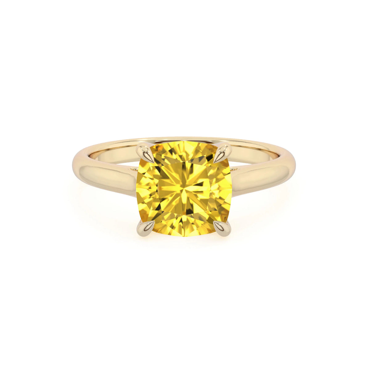 lab grown yellow-sapphire cushion solitaire rings in yellow gold 