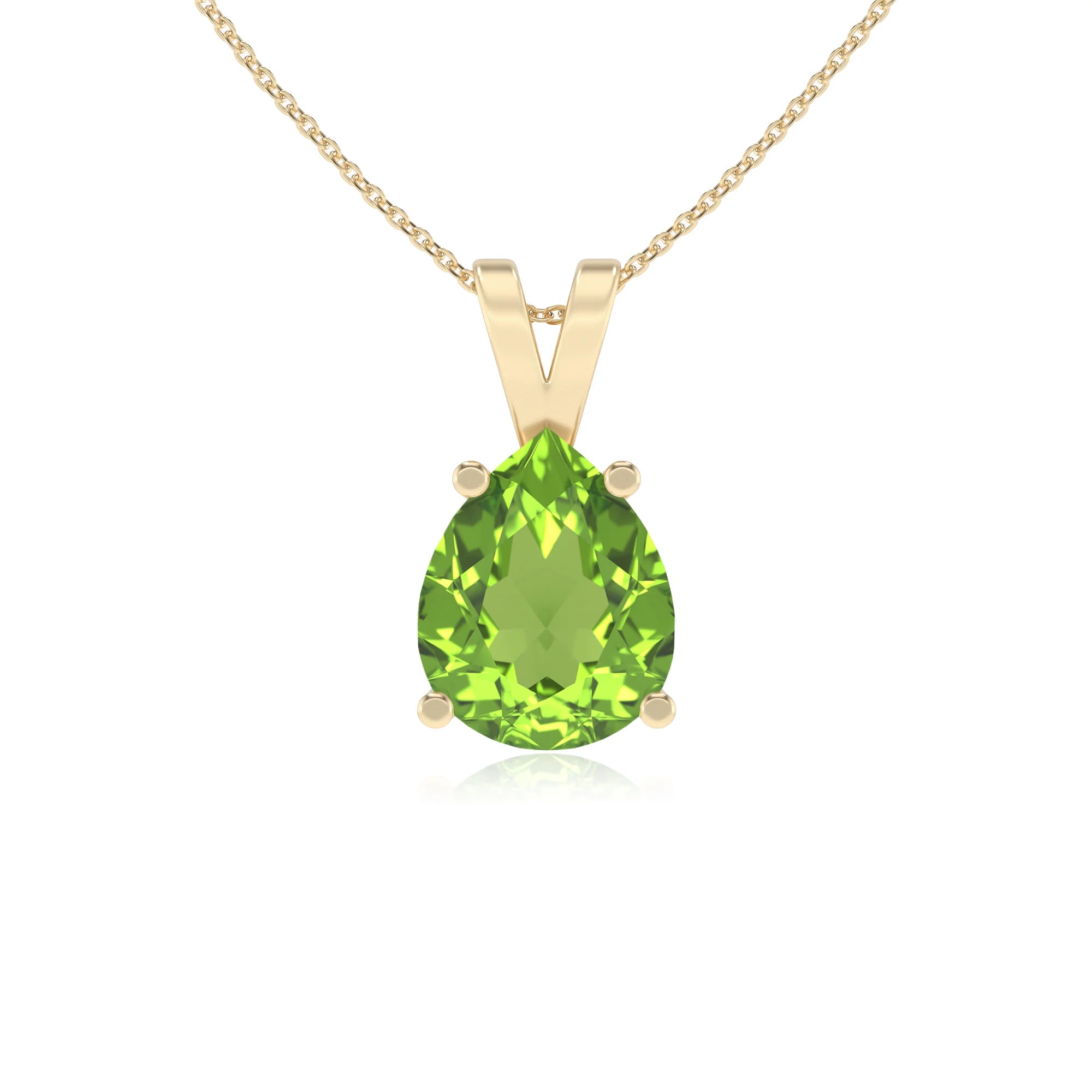 natural peridot pear solitaire v-bale necklaces in yellow gold 