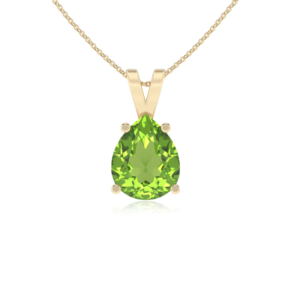 natural peridot pear solitaire v-bale necklaces in yellow gold 