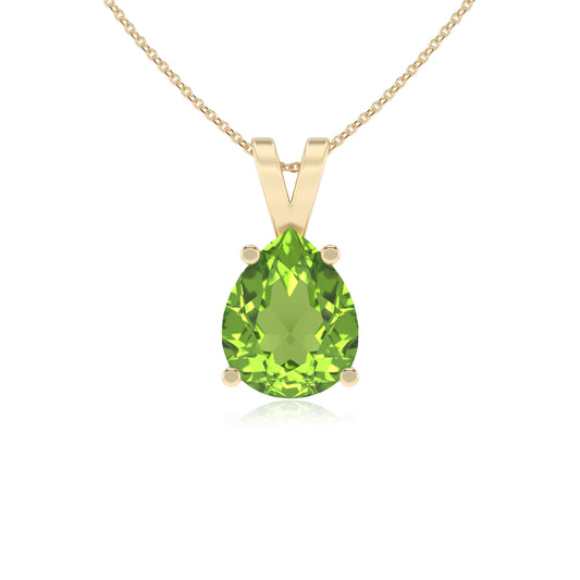 natural peridot pear solitaire v-bale necklaces in yellow gold 