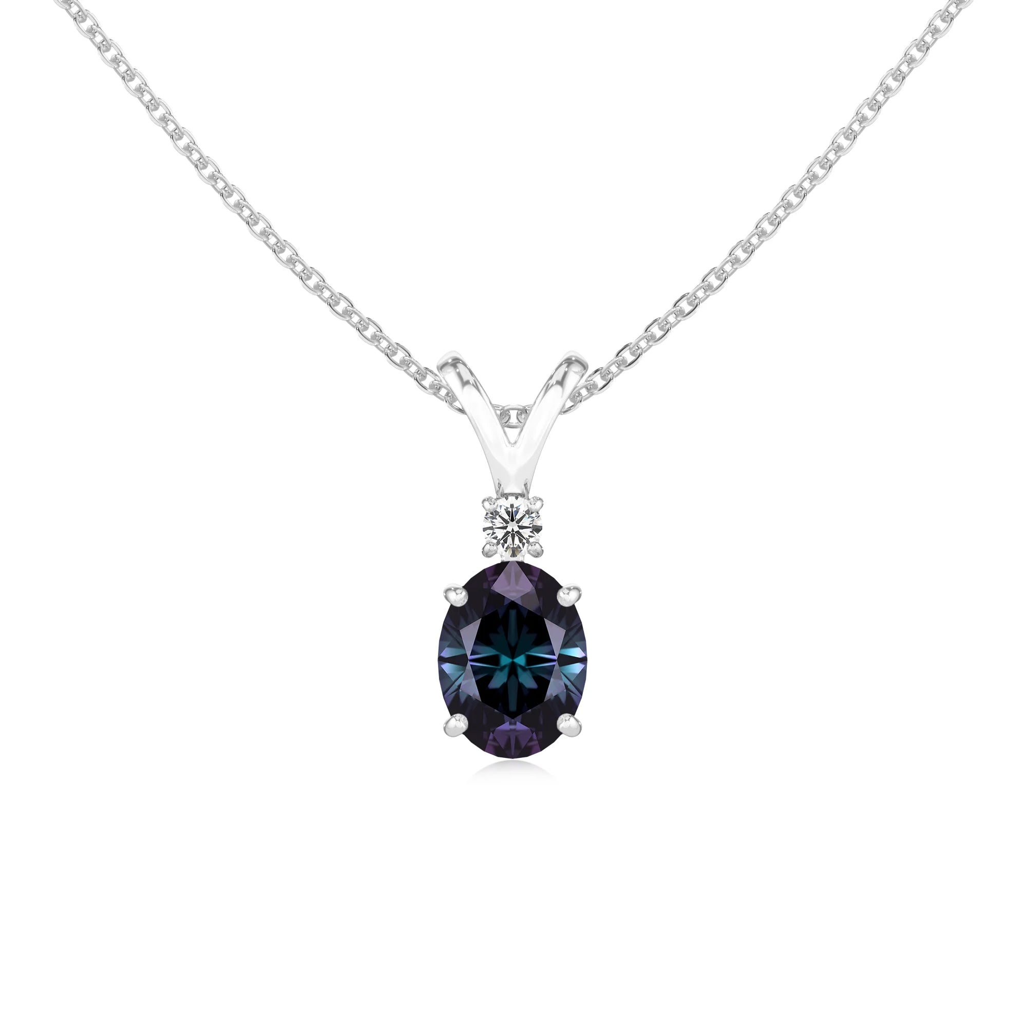 lab grown alexandrite oval solitaire v-bale necklaces in white gold 