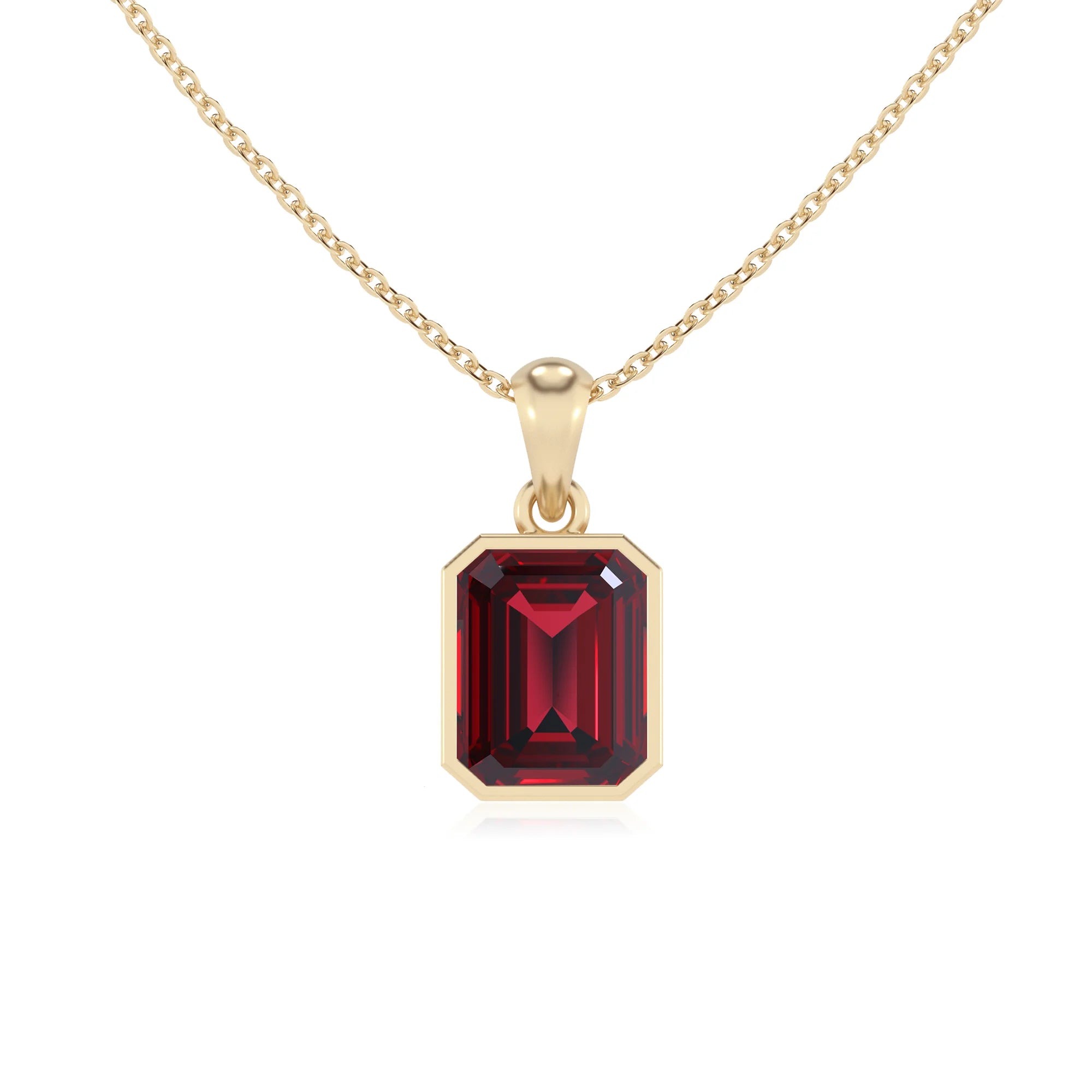 lab grown ruby emerald cut solitaire necklaces in yellow gold 
