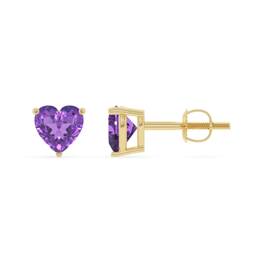 lab grown amethyst heart stud earrings in yellow gold 
