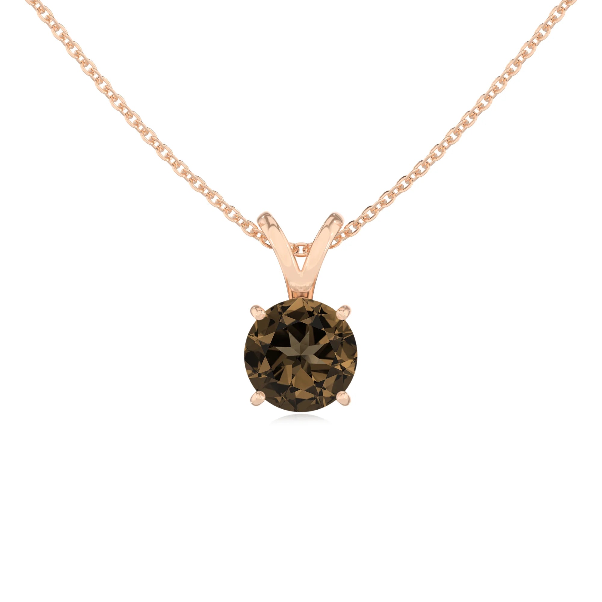 natural smoky-quartz round solitaire v-bale necklaces in rose gold 