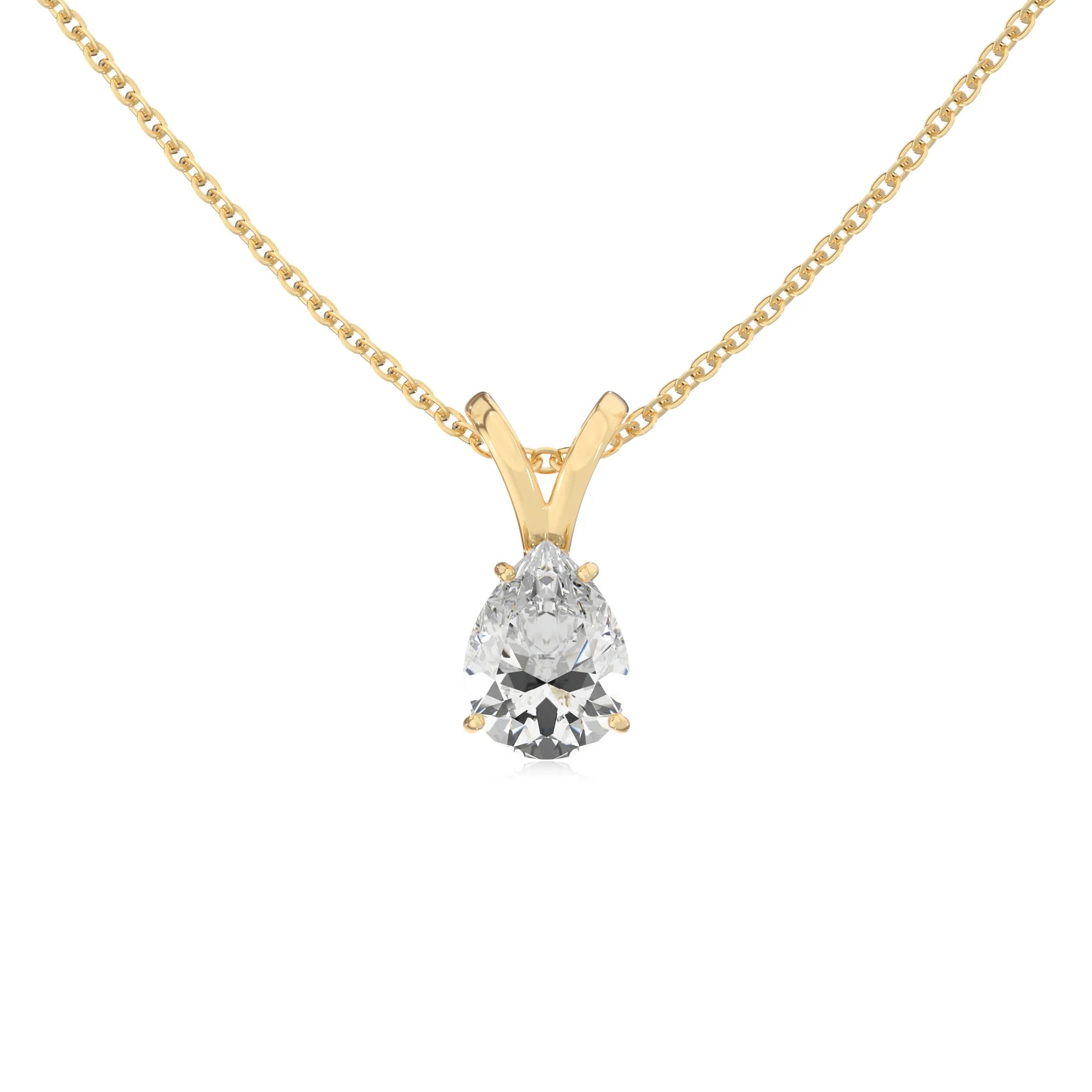 lab grown moissanite pear solitaire v-bale necklaces in yellow gold 