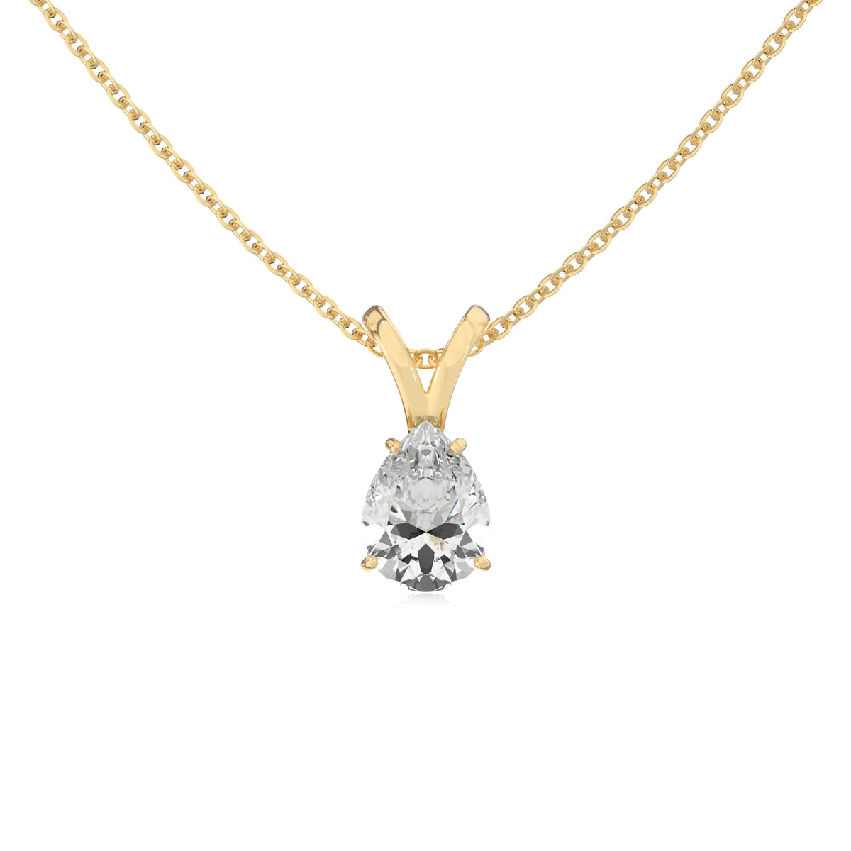 lab grown moissanite pear solitaire v-bale necklaces in yellow gold 
