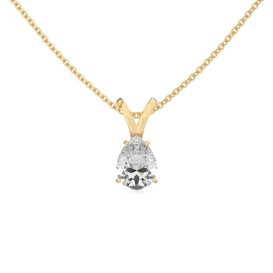 lab grown moissanite pear solitaire v-bale necklaces in yellow gold 
