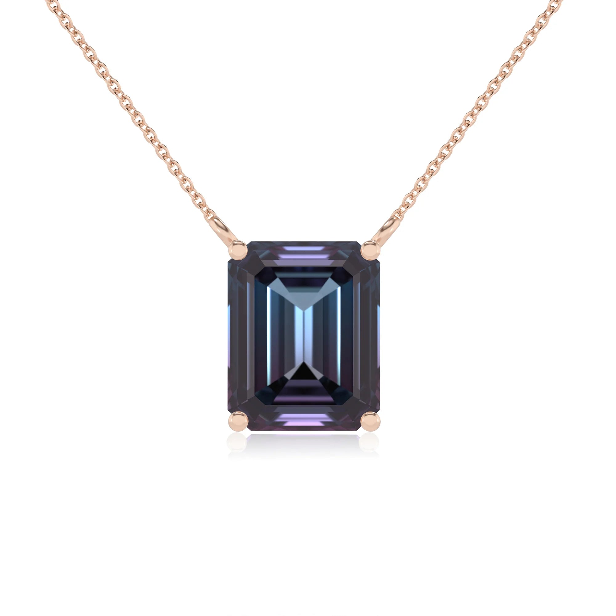lab grown alexandrite emerald cut solitaire necklaces in rose gold 